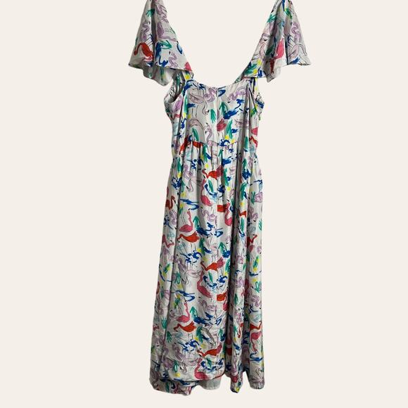 Tanya Taylor Tiegan Flamingo Print Silk Short Sleeve Midi Dress Size 6 - Picture 11 of 13